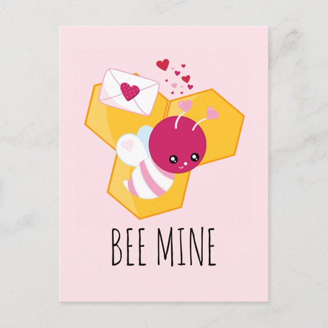 Bee Mine Cute Bee med Rosa Valentine Hearts Vykort (Framsida)