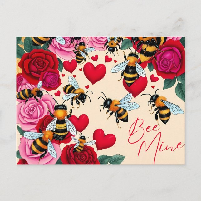 Bee Mine Romantic Blommigt Design Helg Vykort (Framsida)
