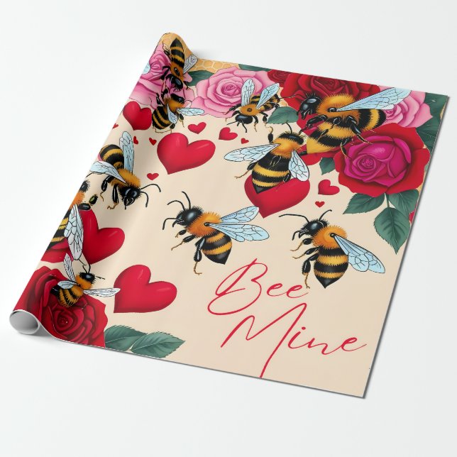 Bee Mine Romantic Blommigt Design Presentpapper (Utrullad)