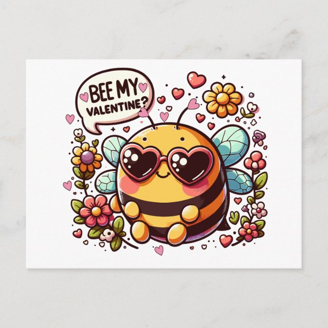 Bee My Valentine? - Charmerande Bee Alla Hjärtans  Helg Vykort (Framsida)