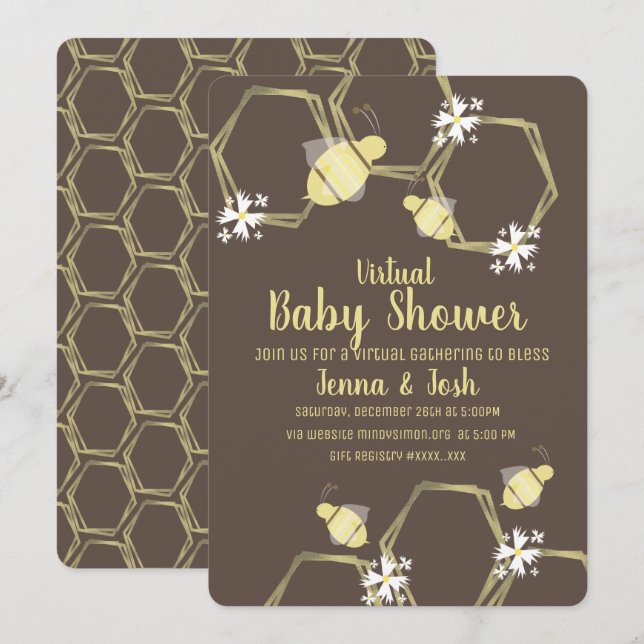 Bee och Daisy Blommig Virtuell Baby Shower Inbjudningar (Fram/baksida)