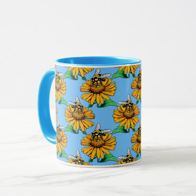 Bee on Sunflower Flower Pattern Design Blue  Mugg (Framsida vänster)