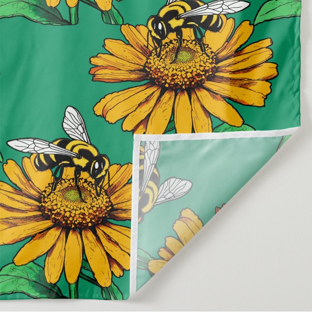 Bee on Sunflower Flower Pattern Design Green  Tyg (Skapare uppladdad)