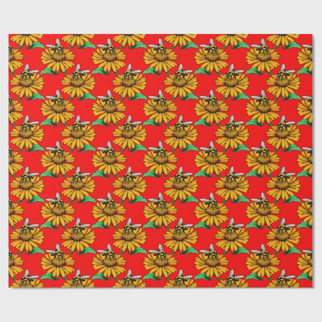 Bee on Sunflower Flower Pattern Design Red  Presentpapper (Platt)