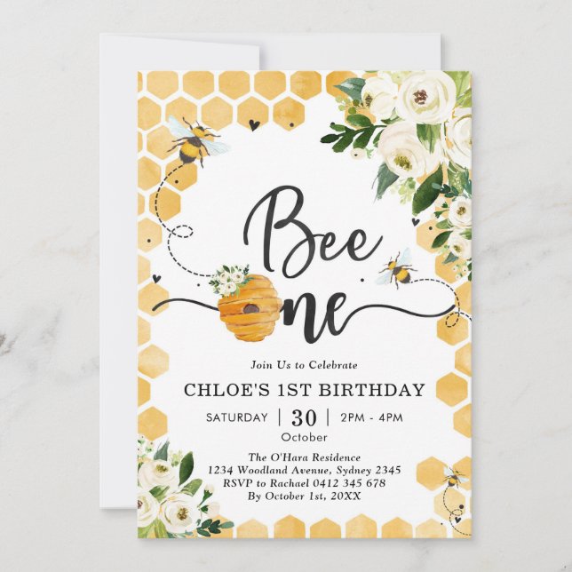 Bee One Honey Bee Floral 1st Birthday Invitation Inbjudningar (Framsida)