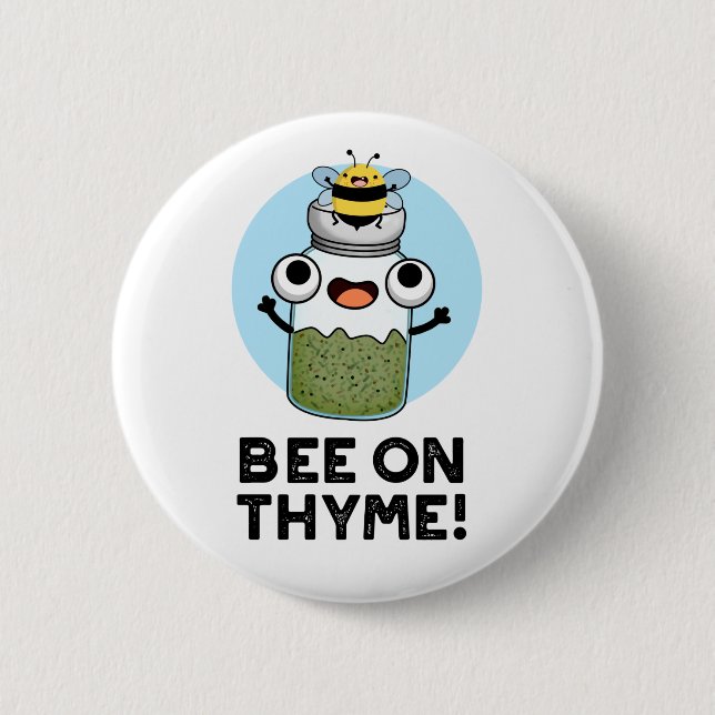 Bee på Thyme Funny Herb Insekt Pun Knapp (Framsida)