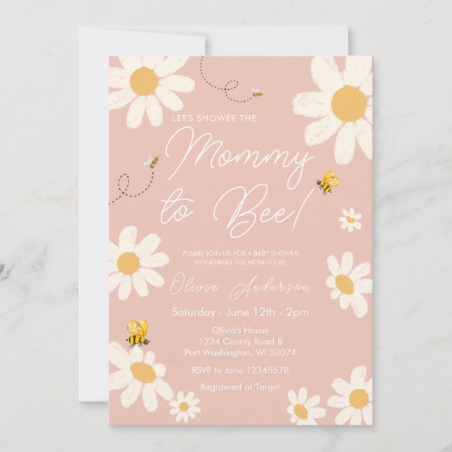 Bee Rosa Daisy Retro Mamma till Bee Baby Shower Inbjudningar (Framsida)