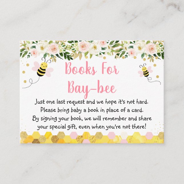 Bee Rosa Guld Blommigt Baby Shower Bok Request Tilläggskort (Framsida)