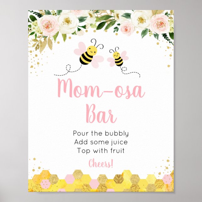 Bee Rosa Guld Blommigt Baby Shower Mimosa Pub Sign Poster (Framsidan)