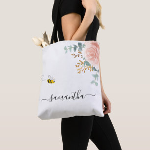 Bee rosa ros guld blommigt namn tygkasse