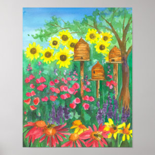 Bee Skep Coneflower Garden Watercolor Sunblommblom Poster