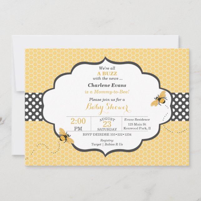 Bee Theme Honeycomb Guld & Grått Polka Dot Inbjudningar (Framsida)
