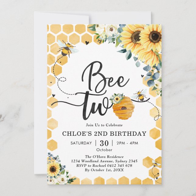 Bee Two Honey Bee 2nd Birthday Invitation Inbjudningar (Framsida)