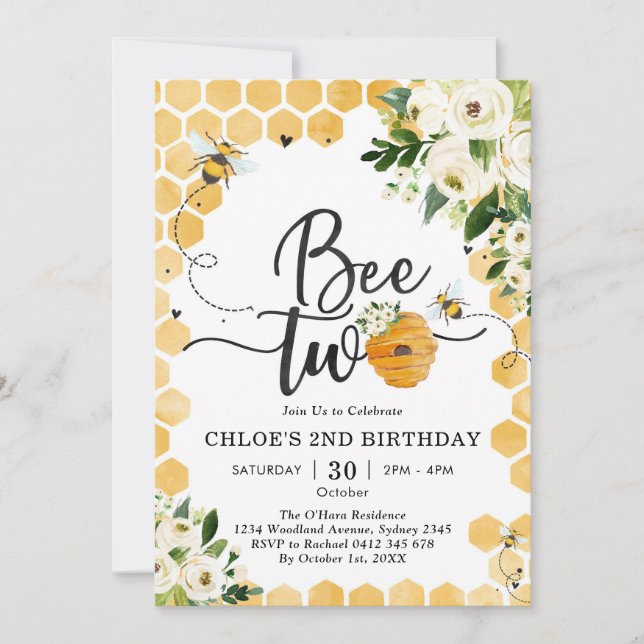 Bee Two Honey Bee 2nd Birthday Invitation Inbjudningar (Framsida)
