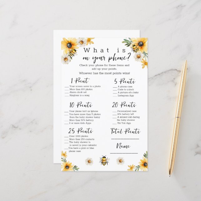 Bee vad som finns på ditt mobila babyduschspel (Fram/Back In Situ)