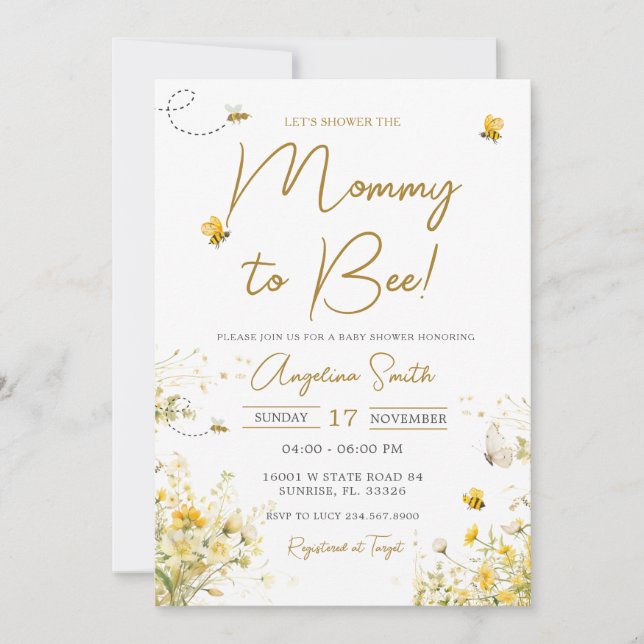 Bee Wildblomma Mamma till Bee Baby Shower Inbjudningar (Framsida)