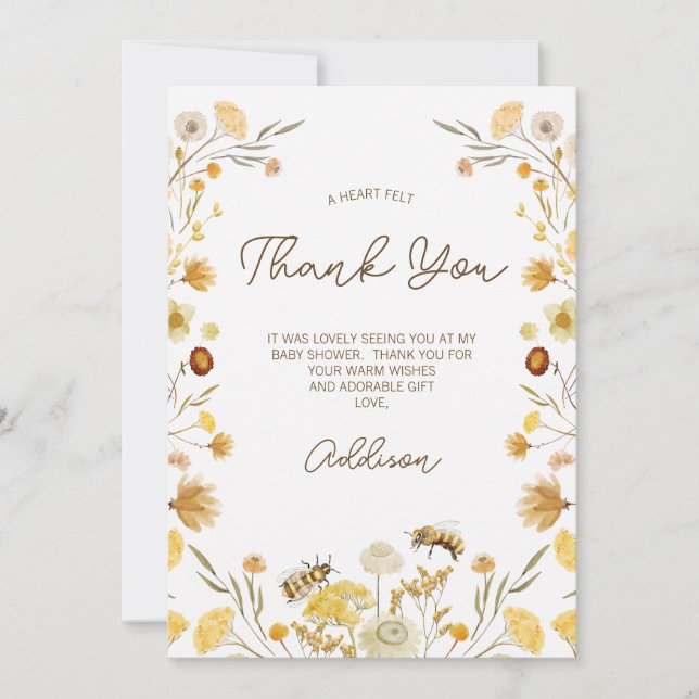 Bee Wildblomme Baby Shower Tack för ditt kort (Framsida)