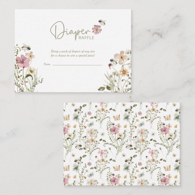 Bee Wildblommor Diaper Raffle Baby Shower Tilläggskort (Fram/baksida)
