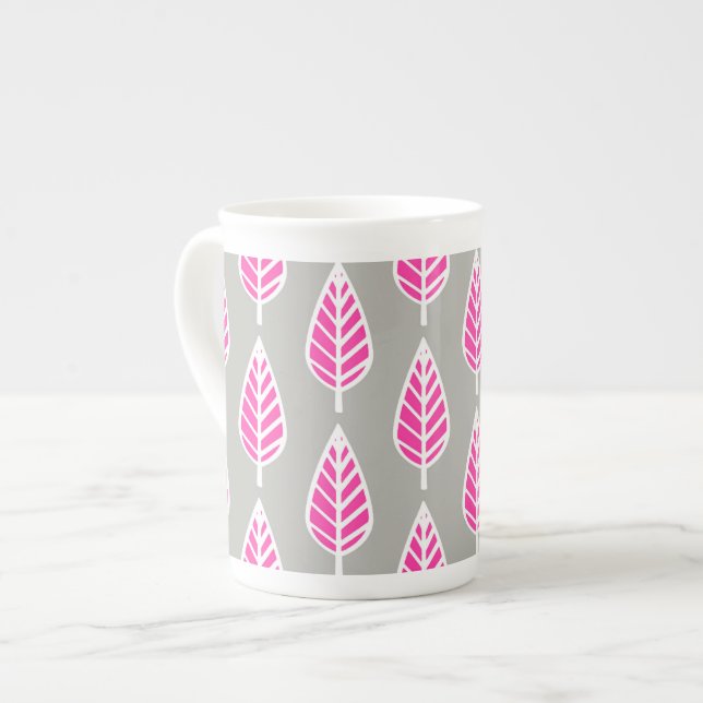 Beech löv mönster - Fuchsia rosa och silver Benporslin Mugg (Framsida vänster)