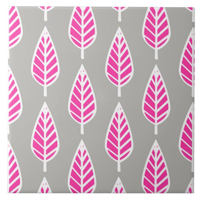 Beech löv mönster - Fuchsia rosa och silver Kakelplatta (Framsidan)