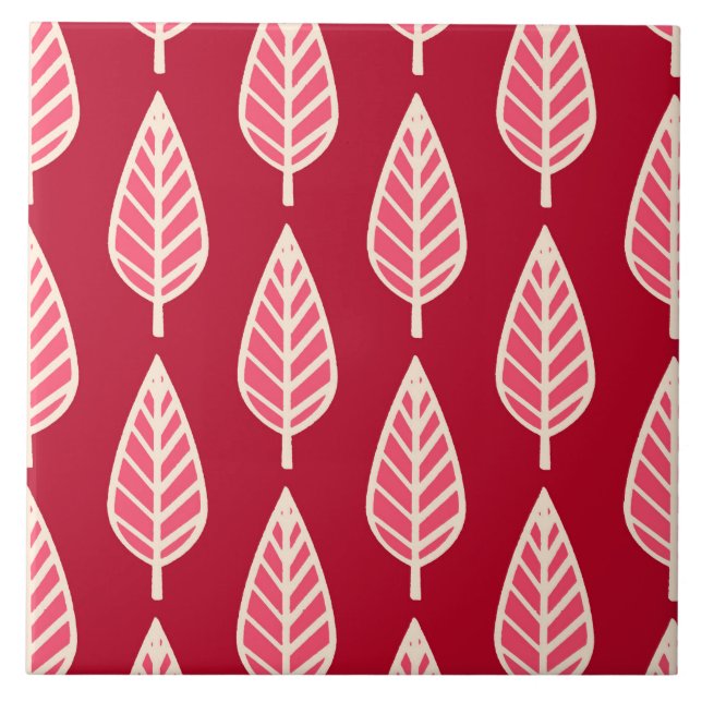 Beech löv mönster - Ruby Red and kräm Kakelplatta (Framsidan)
