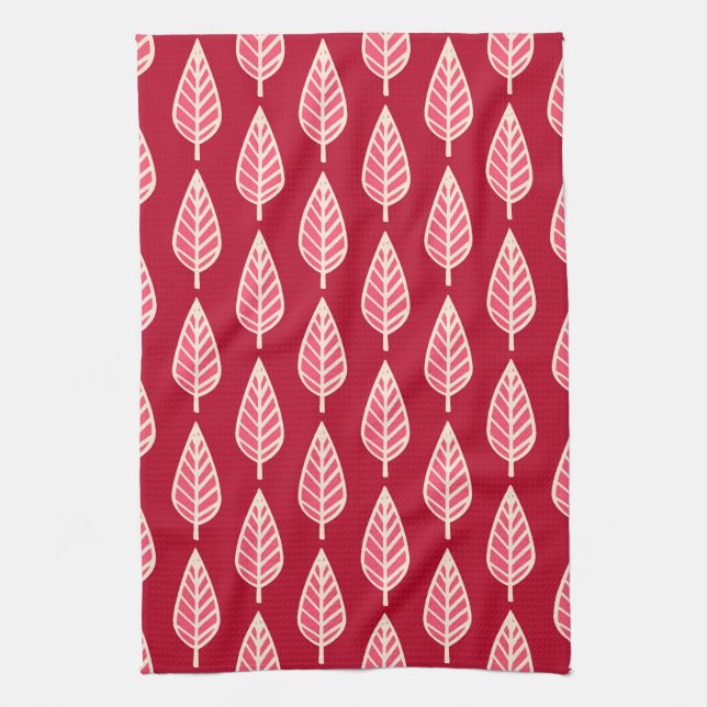 Beech löv mönster - Ruby Red and kräm Kökshandduk (Vertikal)