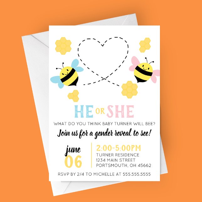 Beed Gender Reveal Party Inbjudningar (He or She What Will Baby Bee? Bee Themed Summer Gender Reveal Party Invitation)