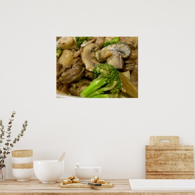 Beef, broccoli och svampstir-fry poster (Kök)