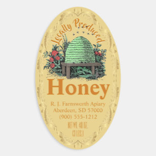 Beehive Local Gult Guld Honung Burk Stickers Ovalt Klistermärke