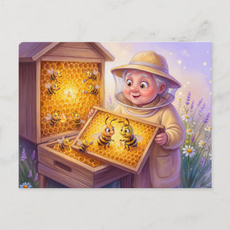 Beekeeper inspecting honeycombs in cheerful comic vykort