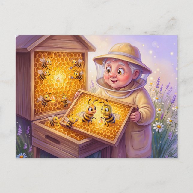 Beekeeper inspecting honeycombs in cheerful comic  vykort (Framsida)