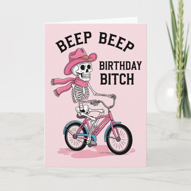 Beep Beep Födelsedag Roligt Rosa Skelett Cykel Kort (Framsida)