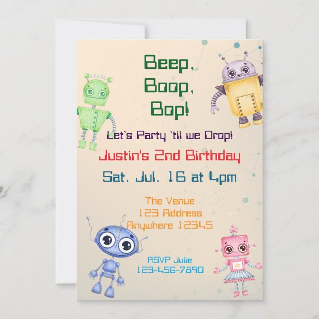 Beep Boop Bop Robot Birthday Inbjudningar (Framsida)