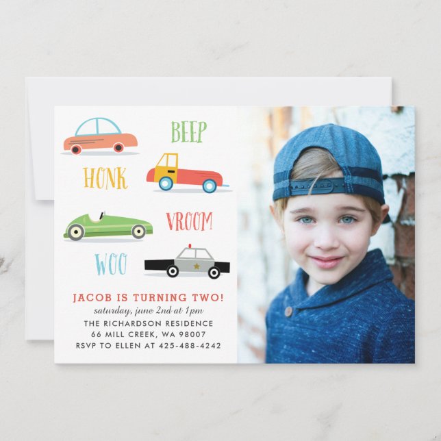 Beep honk woo fotot födelsedagsfest inbjudan (Framsida)