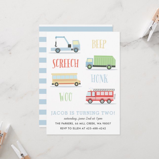 Beep Screech Woo Barn födelsedagsfest_Mist Inbjudningar (Fram/Back In Situ)