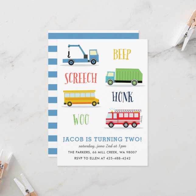 Beep Screech Woo födelsedagsfest_Blue Inbjudningar (Fram/Back In Situ)