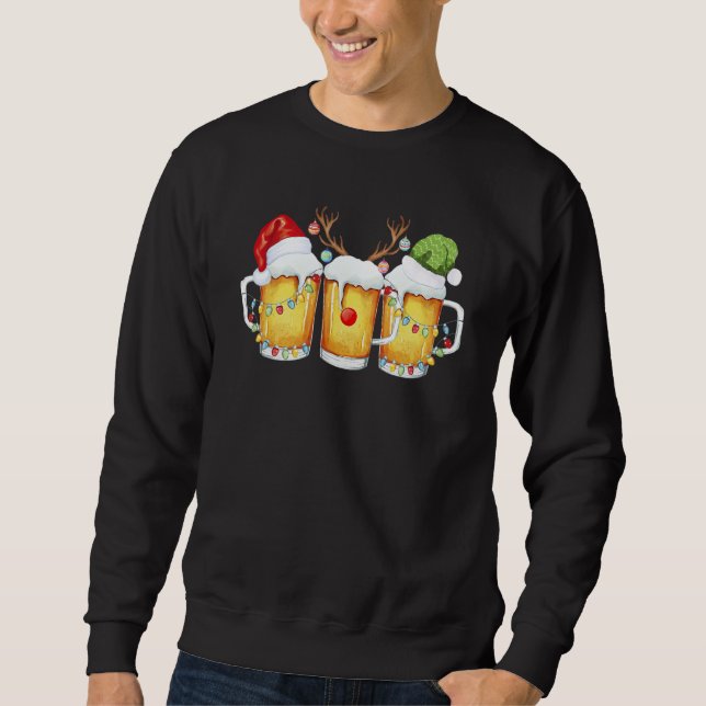 Beer Christmas Mug Santa Reinbeer Xmas Tree Lights Lång Ärmad Tröja (Framsida)