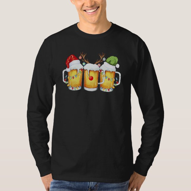 Beer Christmas Mug Santa Reinbeer Xmas Tree Lights T Shirt (Framsida)