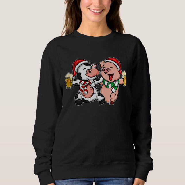 Beer Drinking Cow Beer Drinking Pig Xmas Christmas T Shirt (Framsida)