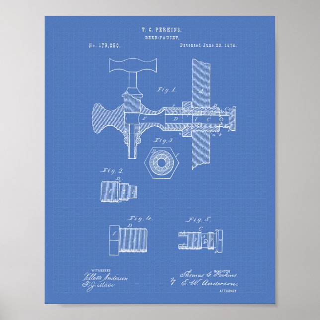 Beer Faucet 1876 Patent Art Blueprint Poster (Framsidan)