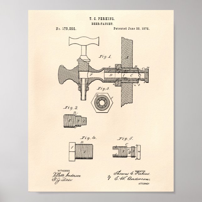 Beer Faucet 1876 Patent Art Old Peper Poster (Framsidan)
