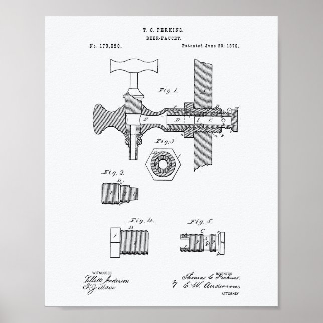 Beer Faucet 1876 Patent Art White Papper Poster (Framsidan)