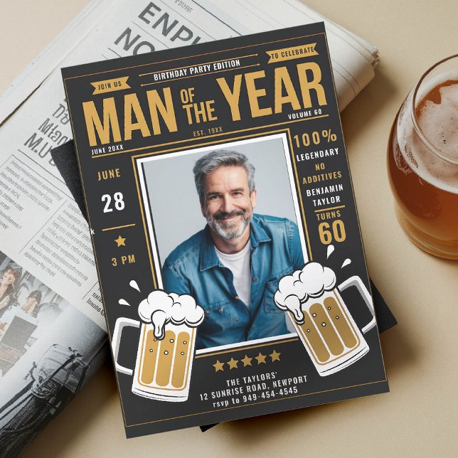 Beer Magazine Funny Manar Vuxen Birthday Photo Inv Inbjudningar (men birthday party invitation beer themed magazine photo template fun funny black yellow gold hue)