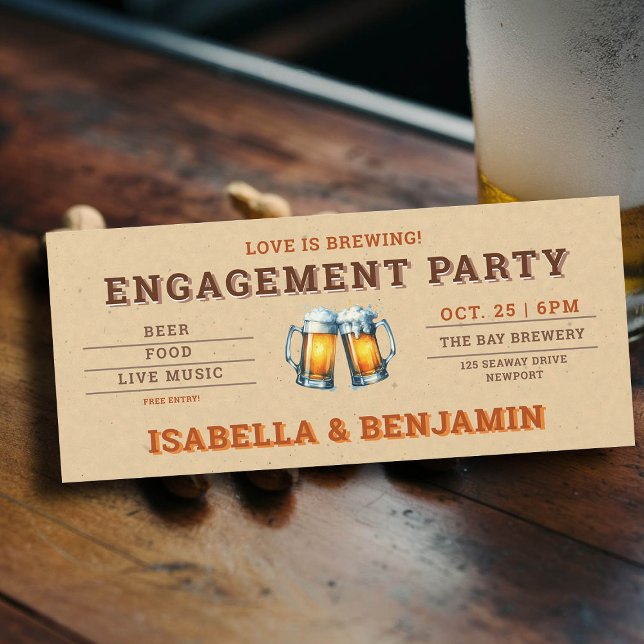 Beer ThBäste Brewery Biljett par Förlovningsfest Inbjudningar (beer themed engagement party invitation brewery rustic kraft ticket festival)
