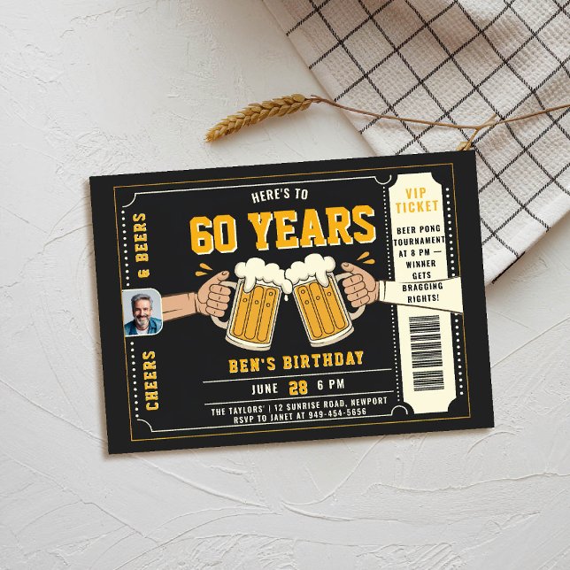 Beer ThERN Black Biljett Manar Vuxen Birthday Phot Inbjudningar (men birthday party invitation beer themed cheers photo black yellow orange ticket backyard)