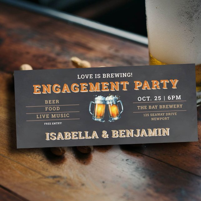 Beer ThLED Brewery Black Biljett Förlovningsfest Inbjudningar (beer themed engagement party invitation brewery ticket black chalk board)