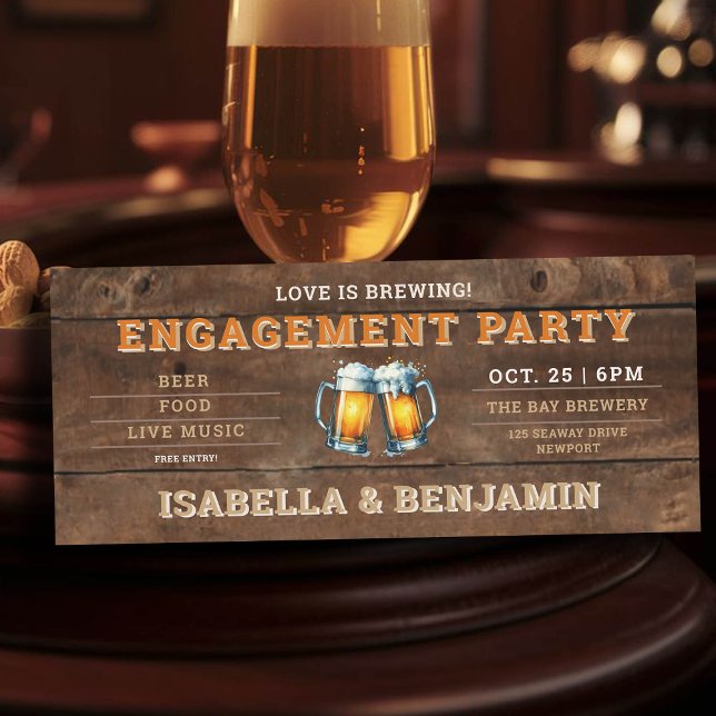 Beer ThLED Brewery Wood Biljett Förlovningsfest Inbjudningar (beer themed engagement party invitation brewery ticket rustic wood board)