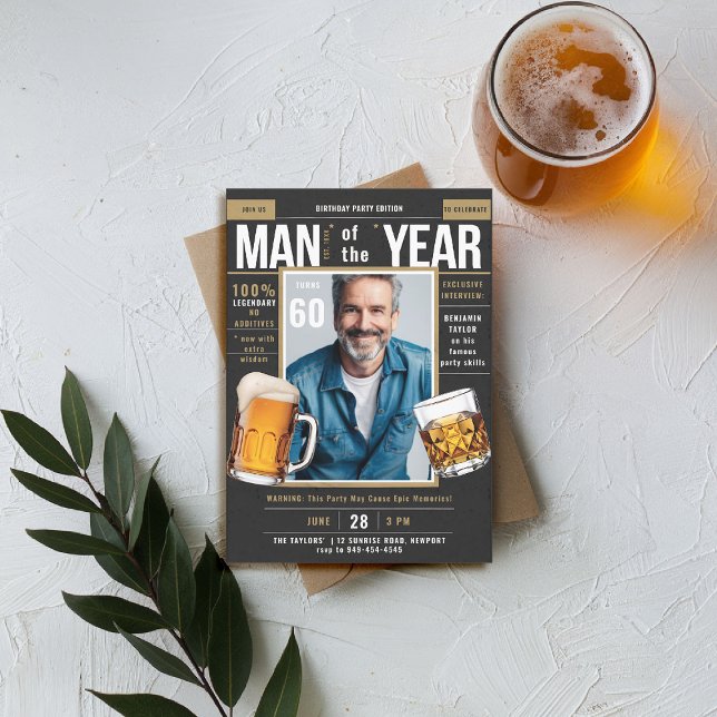 Beer Whiskey Magazine Funny Manar Birthday Photo Inbjudningar (men birthday party invitation beer whiskey magazine cover fun funny joke black gold backyard)