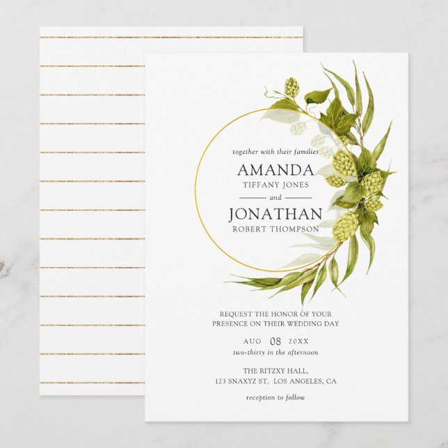 Beer Willow Greenery och Guld Geometric Bröllop Inbjudningar (Fram/baksida)