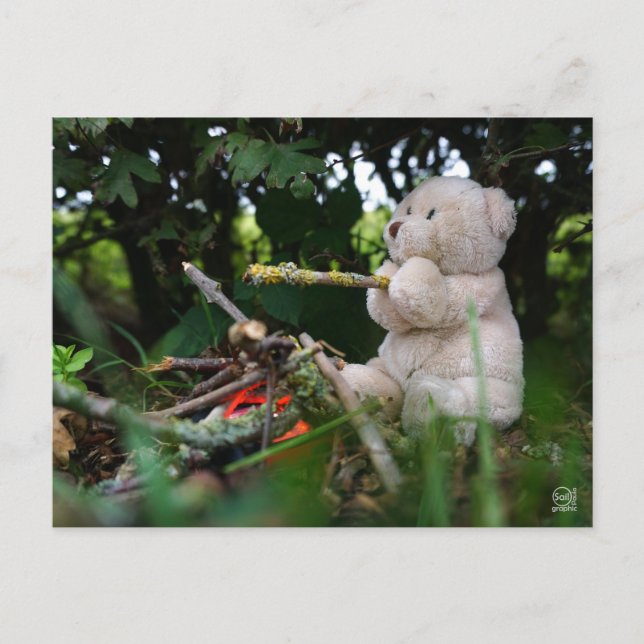 Beertje dat bij kampvuur zit. vykort (Framsida)